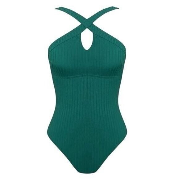 Cupshe Women One Piece Swimsuit Large Green Ribbed Keyhole High Neck Bathing Sui - Picture 5 of 9